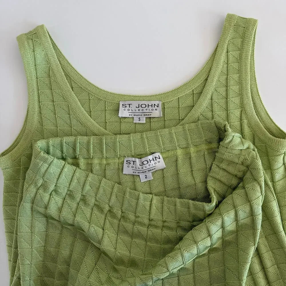 St. John Matching SET Santana Knit Sleeveless Top and Skirt Lime Green S/2